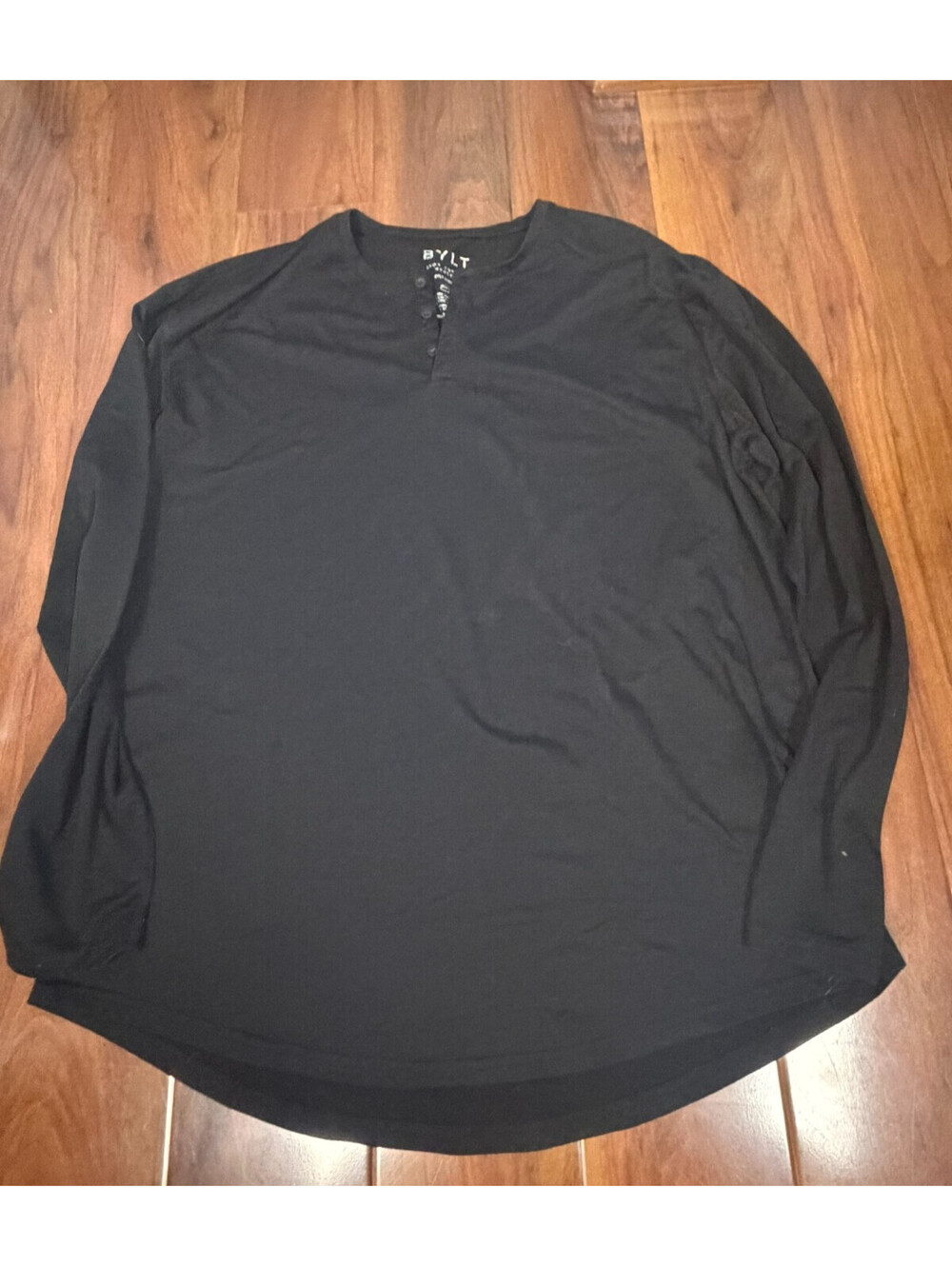 BYLT Shirt Mens 2XL Blacak Drop Cut Henley Long Sleeve Lux Stretch Tee Curved